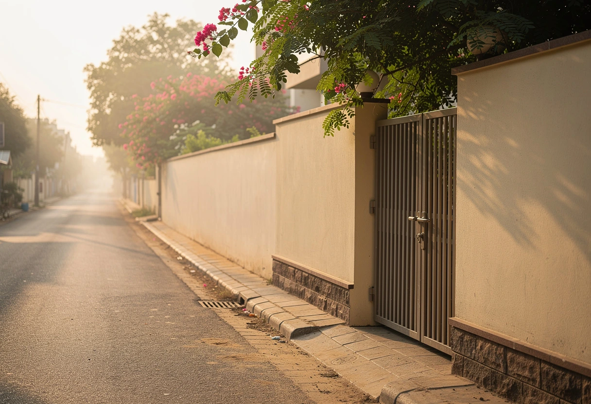 A quiet Ahmedabad residential lane showing a compound wall, gate and property boundary details.