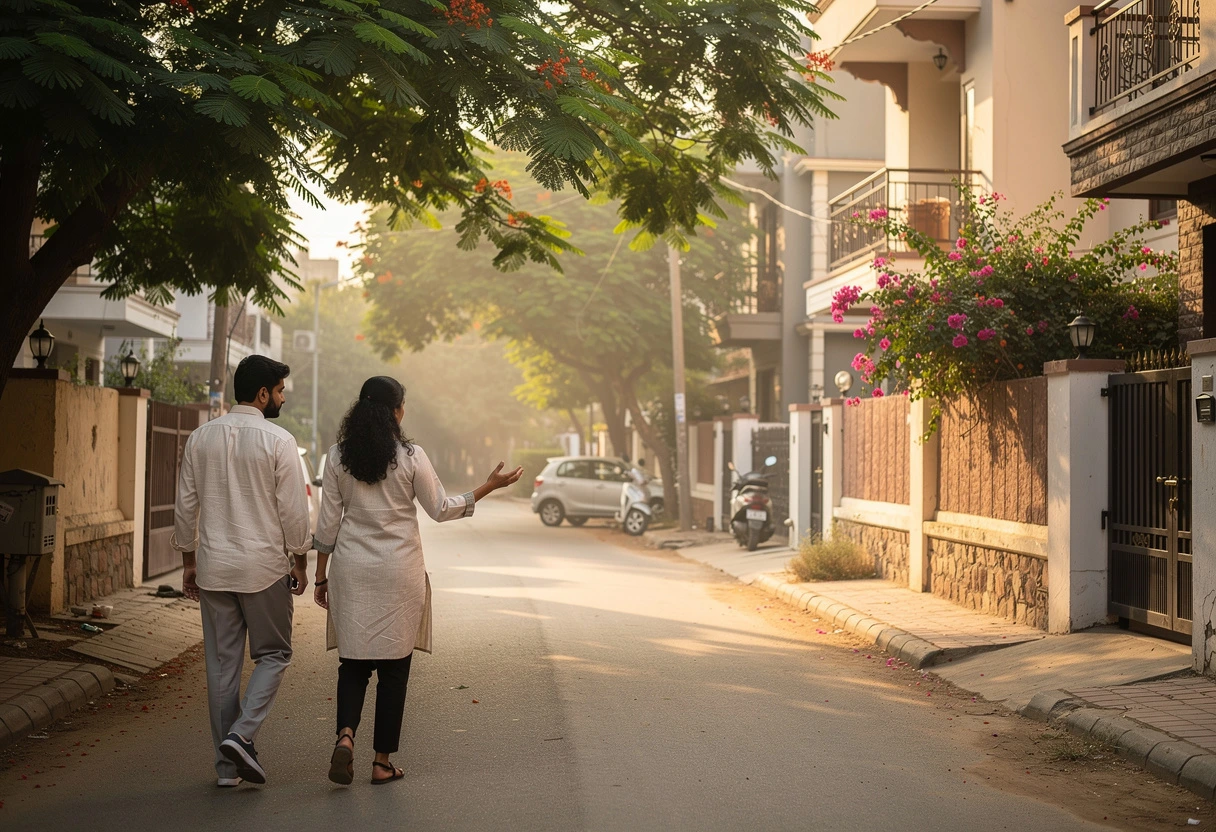 Two people walking through an Ahmedabad residential neighbourhood in conversation.
