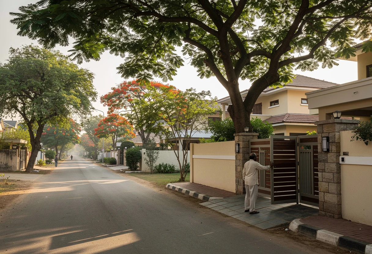 A man opens his compound gate on a quiet tree-lined residential lane in early-morning light